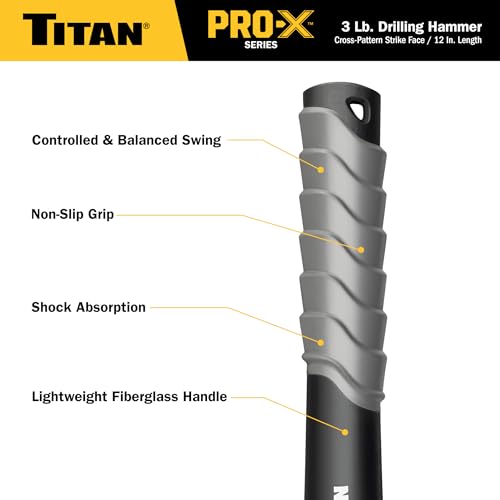 Image of Titan Pro-X 63013 3lb Drilling Hammer, Dual-Face Sledge with Cross-Pattern Face for Concentrated Power & Flat Face for Stake Driving, Overstrike Protection, 12 inch Fiberglass Handle with Textured Grip