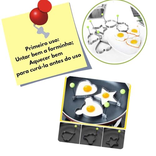 Kit 5 Moldes de Aço Inoxidável para Ovos, Panquecas, Tapiocas e Biscoitos, Formatos Coração, Estrela