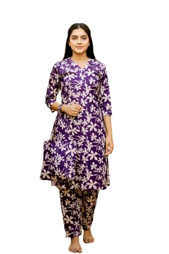 Image of Vlazom Women's 3-Piece Cotton Cord Set with Matching Bag | Floral Printed Co-Ord Set with Kurta Top & Pants | Ethnic Cotton Coord for Women