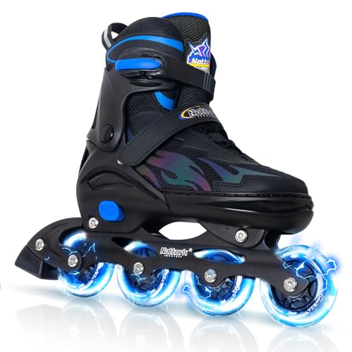 Nattork Adjustable Inline Skates for Kids Adults, Indoor and Outdoor Blades Roller Skates with 8 Light Up Wheels for Boys Girls Aged 4-16, Adult Women Beginners Lightning Blue Large - Youth 