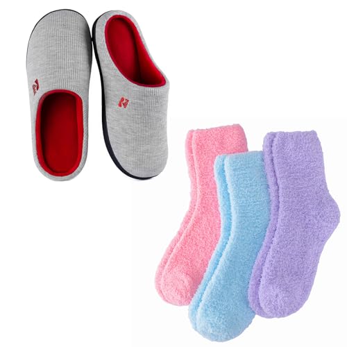 RockDove Women's Set Original Two-Tone Memory Foam Slipper (Size 9-10 US Women, Light Grey/Red) & 3-Pair CloudSoft Ultra Soft Lightweight Socks