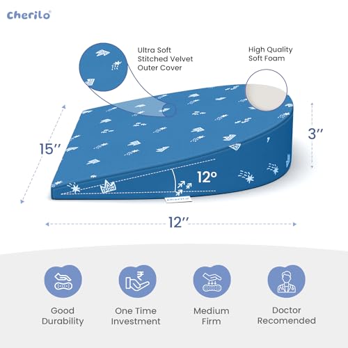 Image of Cherilo C Shaped Elevated Wedge Baby Pillows for New Born,Pillow for Kids,Crib & Mattress,Prevents Acid Reflux,Colic,Gerd,Heat Burn & Vomiting,15 inch X 12 inch X 3 inch - with Cover - Star Design - Blue