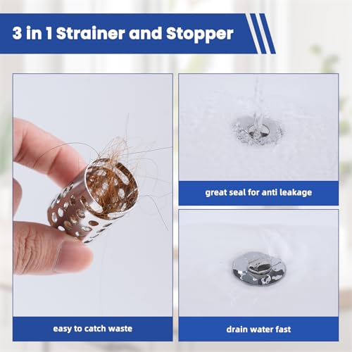 Universal Bathroom Sink Drain Strainer Hair Catcher 2PCS Upgraded with Removable Stainless Steel Filter Basket, 3 in 1 Pop Up Sink Stopper for 1.1''~2.36'' Sink Basin Hole, Chrome by Hygie Rinse - Used condition - Image 3