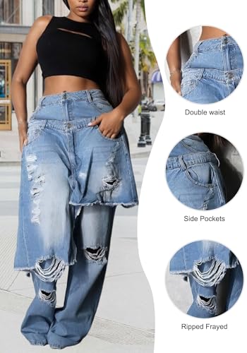 DINGANG Women's Ripped Jeans Baggy Distressed High Waisted Straight Wide Leg Asymmetrical Patchwork Denim Pants3