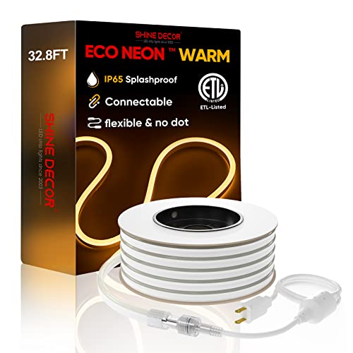 Shine Decor Led Neon Rope Lights Connectable, 32.8Ft Flexible Ac 110V 120V Neon Led Strip Lights(Warm White) Outdoor Waterproof, 10M Etl Plug&Play Neon Strings Lighting 120Leds/M For Home Commercial #TOP28