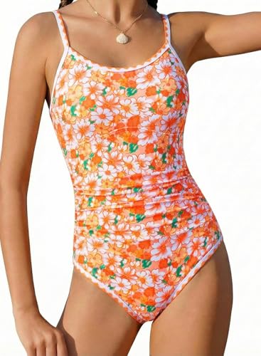 XiaoMoSha Girls One Piece Swimsuits Teen Bathing Suit Quick Dry Summer Beach Padded Swimwear Adjustable Straps Color Contrast Trim Beachwear for Tween Girls Size 11 12 Orange Flowers