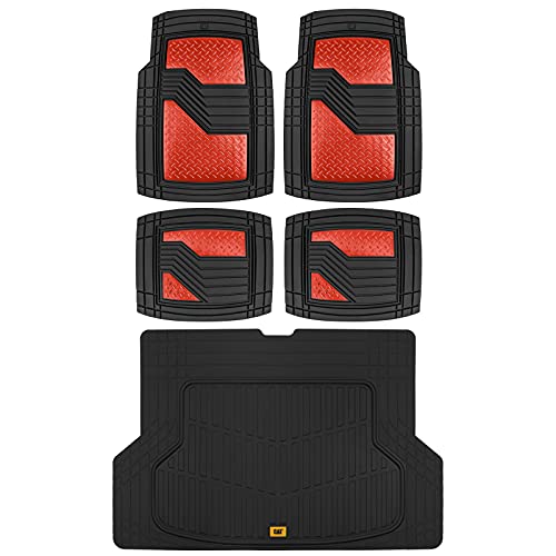 Caterpillar Diamond Steel Heavy-Duty Rubber Floor Mats & Cargo Trunk Liner for Car SUV Van Sedan, Black & Red - Odorless Trim to Fit, All Weather Deep Dish Automotive Floor Mats, Total Dirt Protection