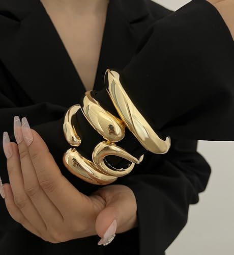 Image of Chunky Gold Bangle Bracelets for Women, Dainty 14k Gold Plated Big Stackable Bangles Set, Trendy Statement Cuff Bracelet Stack Fashion Jewelry Gifts