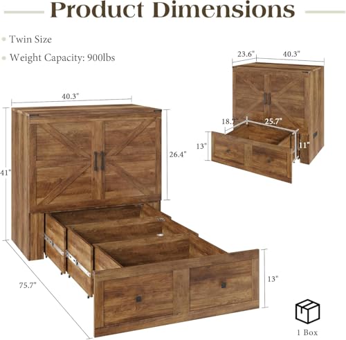 Image of LUXOAK Twin Murphy Bed with Built-in Charging Station and Storage Drawer, Farmhouse Foldable Cabinet Bed for Guest Room, Apartment or Home Office, Barnwood