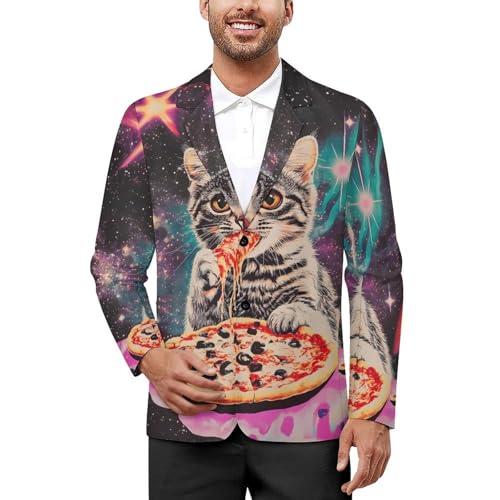 Cat Eating Pizza Men's Slim Suit Long-Sleeve Prom Tuxedo Classic Two Button Business Jacket