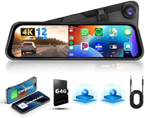 Specchietto Retrovisore Dashcam 4K Con Schermo Touch 12 Pollici - CarPlay, Android Auto, WiFi, GPS - Per Auto - Foto 3
