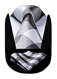 HISDERN Mens Ties for Men Black Tie with Pocket Square Set Formal Black White Plaid Tie Handkerchief Set Necktie for Men Wedding Tie
