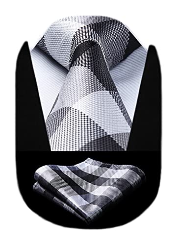 Image of HISDERN Ties for Men Formal Business Plaid Checked Mens Ties and Pocket Square Set Classic Wedding Necktie Handkerchief