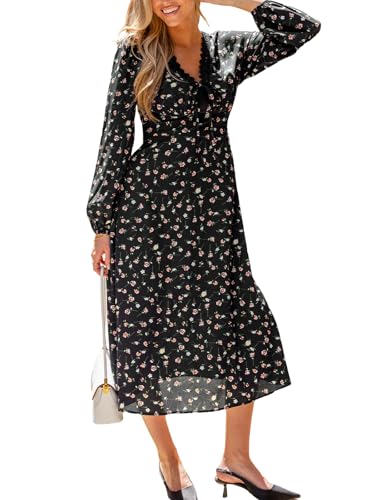 Robe d'automne décontractée à manches longues et col en V noué avec dentelle chic