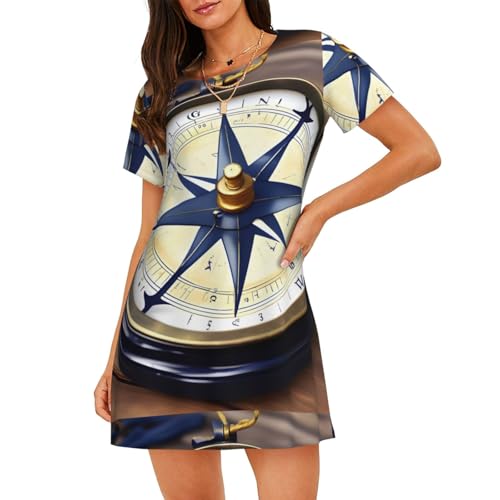 ZTPOWQA Camisón de manga corta con estampado de brújula náutica para mujer, para uso diario, ligero, ropa de dormir, Negro, S