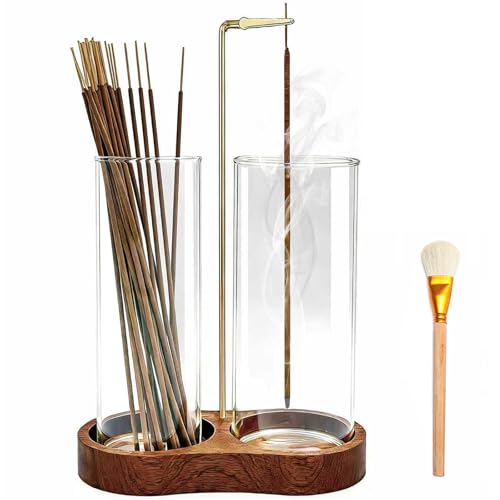 Ceremony Incense Holder 2 in 1 Wooden Incense Holder for Sticks with Glass Ash Catcher Anti-ash Incense Burner Ash Brush for Meditation Yoga Spa Room Decor (2 in 1 Ellipse)