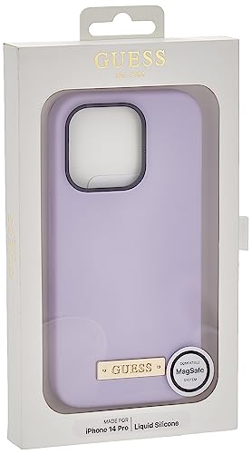 CG MOBILE Guess – Coque de téléphone pour iPhone 14 Pro en Silicone Liquide Violet Magsafe, Coque de Protection Lisse et Anti-Rayures avec Facile à Clipser, Absorption des Chocs et Logo métallique