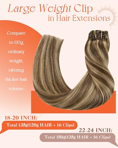 Image of Sunny Hair Clip in Hair Extensions Real Human Hair 18 Inch Caramel Blonde | Highlights Brown Hair Extensions Clip in 135g, Fuller Hair with Defined Ends for Campus Styling with Soft Natural Movement