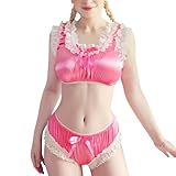 Littleforbig Unisex Pullover Silky Satin Shiny Lacy Frill Ruffled Crop Top and Shorts Lingerie Loungewear Sissy Baby Bralette Set XL Hot Pink