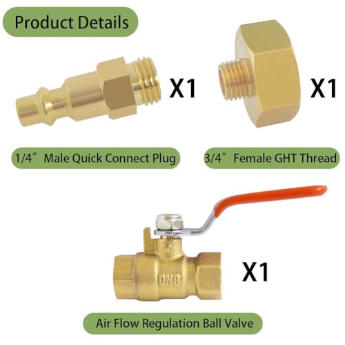 Image of YSIL Brass RV Winterize Blowout Adapter with 1 /4 inch Quick Connect Plug and 3 /4 inch Female GHT Thread,with Ball Valve Easy Blow Out Water Winterizing RV Sprinkler Systems Camper Trailer Boat