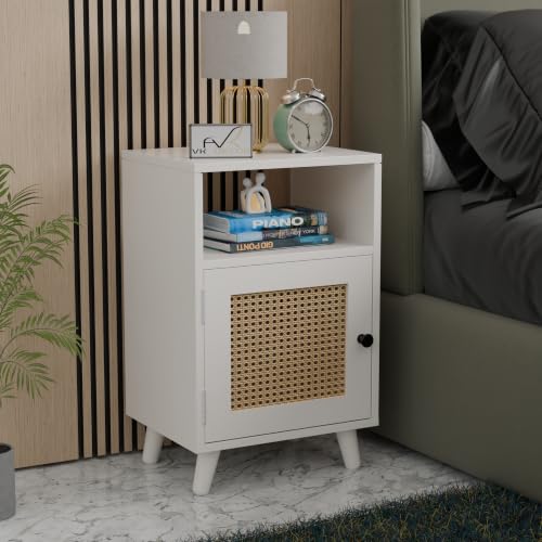 Image of Solid Sheesham Wood Bedside Table with Natural Cane Rattan Door & Open Shelf | Wooden Nightstand with Storage Cabinet | End Table for Bedroom (White)