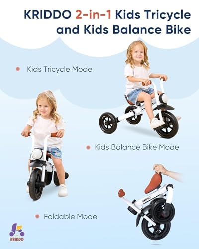 Image of KRIDDO 2-in-1 Kids Balance Bike and Kids Tricycle for 2 to 5 Year Old, Toddler Balance Bike with Detachable Pedals, Tricycles for 3-5 Year Olds with Stitched Soft Grip, White