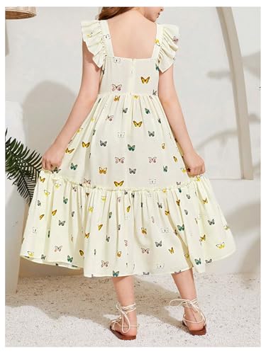 Floerns Girl's Butterfly Print Ruffle Sleeve A Line Dress Square Neck Midi Dress2