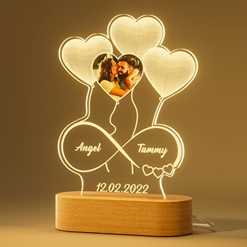 ALBK Valentines Day Gifts for Him Her - Personalized Night Lights with Picture 3D Illusion Lamp Heart Ballon, Custom Photo Gifts for Girlfriend Wife, Gifts for Valentines Day Anniversary for Couples