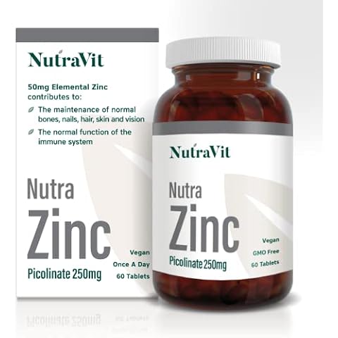 NUTRA ZINC Picolinate 250mg - 60 Tablets | Elemental Zinc 50mg - Maintain Normal Bones, Nails, Skin & Vision | Easy to Swallow & Highly Absorbable - Manufactured in a UK MHRA GMP Facility - NUTRAVIT Cover