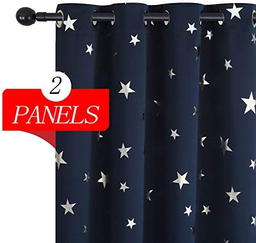 Estelar Textiler Room Darkening Silver Star Print Curtain Panels Grommet Thermal Insulated Curtains Small Window Blackout Curtains for Nursery Room 52x45 Inch Navy Blue Set of Two