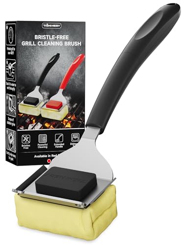 Image of Bristle-Free Grill Brush with Heat-Resistant Kevlar Fiber Head, Black | Steam Cleaning, Replaceable No-Wire Head, 17 inch Handle, 4-in-1 Scraper, for Porcelain /Ceramic /Stainless Steel /Cast Iron Grate