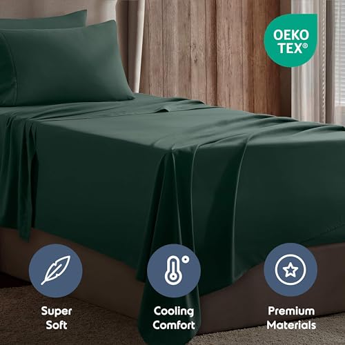 Image of Nestl Twin Bed Sheet Set - Forest Green - 3-Piece Deep Pocket | Instantly Soft, Night-One Ready (No Wash Required). Fits 16-Inch Deep Pockets, 360-Degree Elastic Grip
