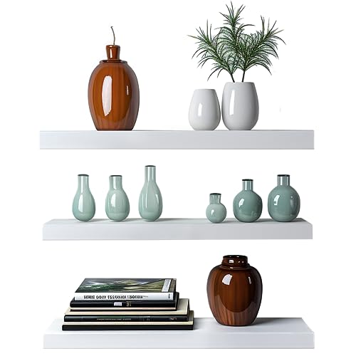 Nimman White Floating Wall Mount Shelves Pack of 3(41cm) - High Gloss Finish Shelves for Wall - Floating Wall Shelve with Invisible Brackets - Wall Mounted Shelves for Bedroom, Living Room, Bathroom,