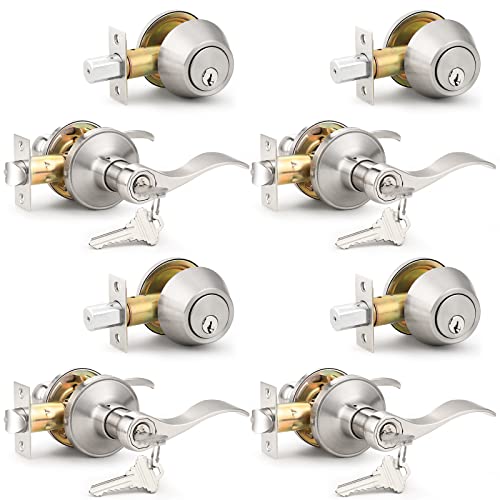 Probrico 4 Set of Satin Nickel Exterior Entry Lever and Single Cylinder Deadbolt,Keyed Alike Combo Pack, Keyed Handleset Lockset Exterior(for Front Door and Outside Gate) by Probrico - Used condition - US$78.15