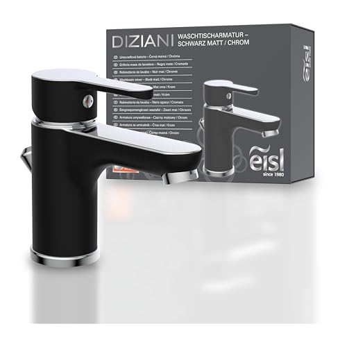 EISL NI075DINBCR DIZIANI Waschtischarmatur, Wasserhahn Bad in schwarz, Einhebelmischer mit Ablaufgarnitur, Mischbatterie Waschbecken, Badarmatur, Schwarz/Chrom