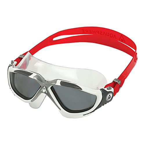 Aqua Sphere Vista Adult Unisex Swim Goggles - OneTouch Custom Fit, Wide Peripheral Vision - Durable Mask for Active Open Water Swimmers - Smoke Lens, White/Red Frame - Thumbnail 3
