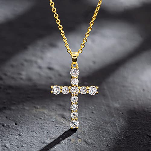 Carleen Cross Necklace For Women Yellow Gold Plated Sterling Silver Cubic Zirconia Cz Simulated Diamond Cross Crucifix Pendant Necklace Jewelry Easter Gift For Women Girls, 18" Silver Chain Nice Gifts Jewelry Box #TOP3