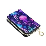 GAIGEO Card Holder Wallets RFID Blocking Women's Wallets Leather Zip Around Zipper Change Purse with Key Ring Colorful Jellyfish Ocean Purple