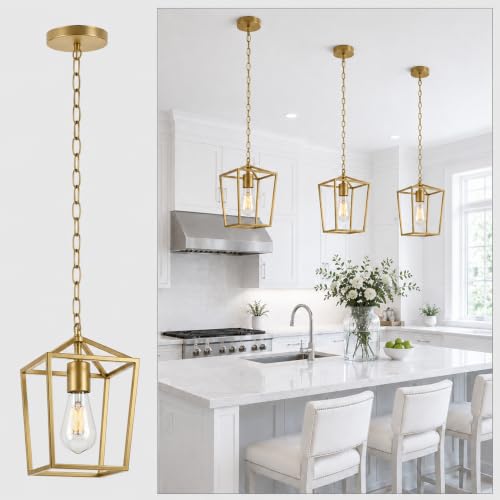 Image of Phaosio Gold Pendant Lights Kitchen Island, Modern Farmhouse Light Fixture | Metal Cage Pendant Light Fixture, Adjustable Height, Sloped Ceiling, Kitchen Lighting for Dining Room, Entryway, Foyer,1 Pack