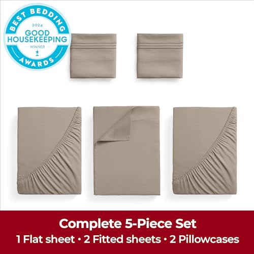 Image of Mellanni Extra Deep Split King Sheets - 5 PC Iconic Collection Bedding - Hotel Luxury, Ultra Soft, Cooling Bed Sheets - Wrinkle, Fade, Stain Resistant (Split King, Tan)