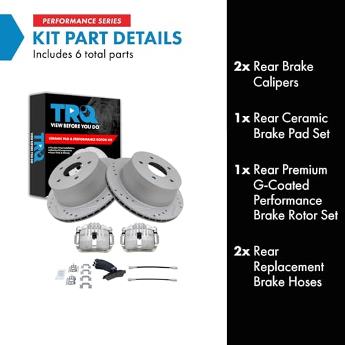 Image of TRQ Rear Brake Pad & Rotor Kit Slotted X Drilled Performance Ceramic Premium G-Coated Rear Compatible with 1998-2003 Chevrolet S10 Pickup 1998-2003 GMC S-15 Sonoma