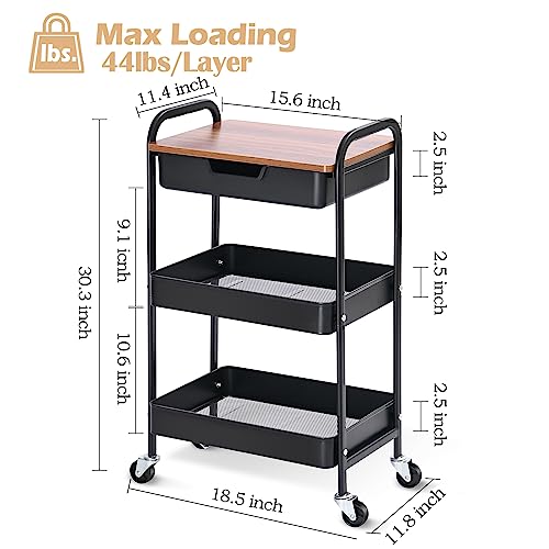 TOOLF 3-Tier Utility Rolling Cart with Wooden Board and Drawer, Metal Storage Cart with Handle, Black Trolley Kitchen Organizer Rolling Desk with Locking Wheels for Office, Classroom, Home, Bedroom