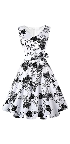 Dressever Women's 50s 60s Vintage Sleeveless Cocktail Party Dress with Pockets White Black Floral L