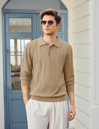 Cotrasen Mens Knit Polo Sweaters Long Sleeve Polo Lightweight Casual Dress Collar Pullover Sweaters Textured2