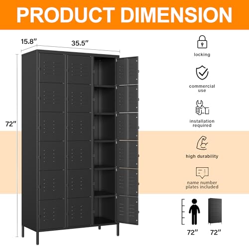 Image of Metal Locker with 18 Doors Employees Locker, Metal Storage Locker with Hooks, 72 inch Storage Cabinet Lockers for Employees, Home, Office, Gym Requires Assembly (18 Doors, Black)