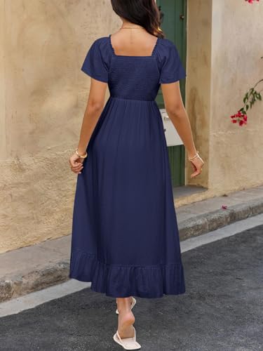 Image of BTFBM Womens Summer Dresses 2026 Casual Short Sleeve V Neck Drawstring Wedding Guest Maxi Dresses Boho Beach Long Dress