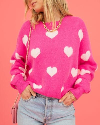 Image of Women's Cute Heart Sweater Love Print Valentine Romantic Knitted Top Casual Crewneck Long Sleeve Sweaters Pullover