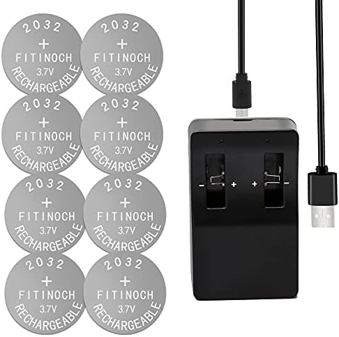 Fitinoch Rechargeable 2032 Battery with Charger, 3.7v LIR2032 Button Battery Can Replace ML2032,CR2032 3v Lithium Batteries for Airtag, Car Remote Key (8 Pack)