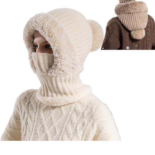 Beanie Hat 3 in 1, Winter Warm Knit Hood with Scarf and Face Cover, Windproof Thermal Cap for Skiing and Hiking, Outdoor Activities Essential