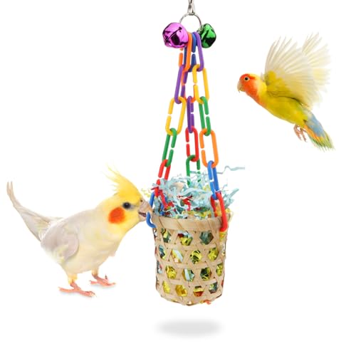 Wontee Bird Toys Colorful Shredding Crinkles Foraging Toys Natural Sola Ball for Parrots Cockatiels Conures Parakeets Budgies Senegal (Bamboo Basket (1 Pack))